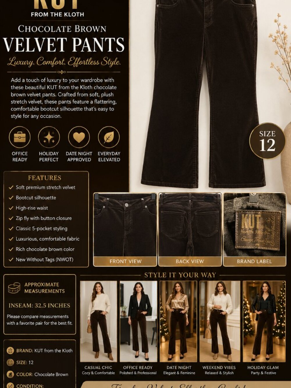 KUT from the Kloth Chocolate Brown Velvet Pants Size 12 High Rise Bootcut NWOT